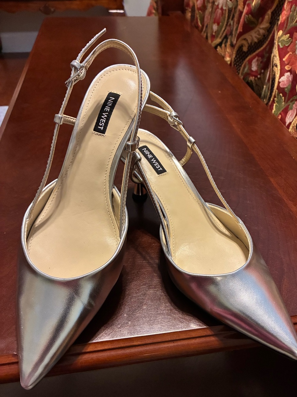 Nine West Metallic Silver Pointed-Toe Slingback Heels